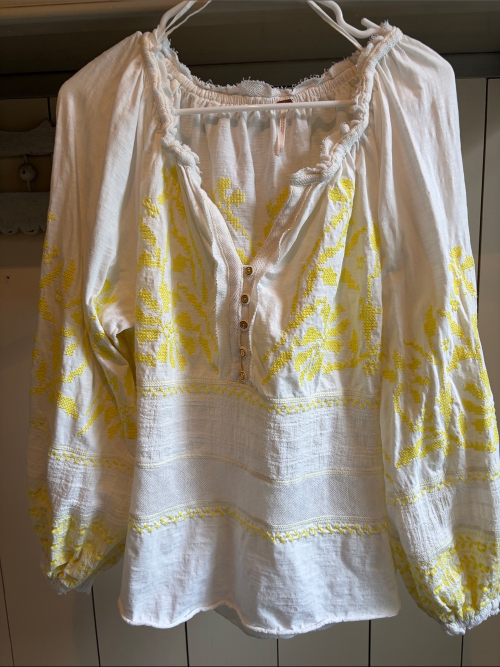 Free People White Blouse with Yellow Floral Embroidery